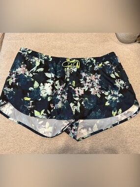 Old Navy XXL Navy Floral Athletic Shorts with Neon Yellow Drawcord